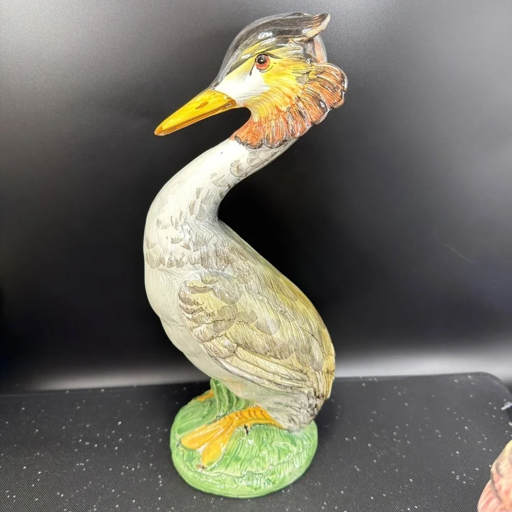 Italian Grebe Water Bird Figurines Set Majolica Stork Crane Hand Painted Italy